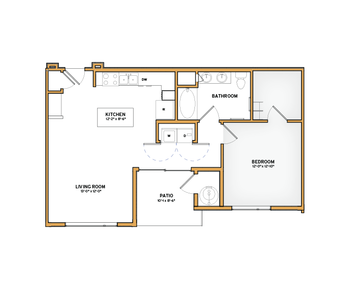 Floor plan for 1 bed, 1 bath, 744 sqft